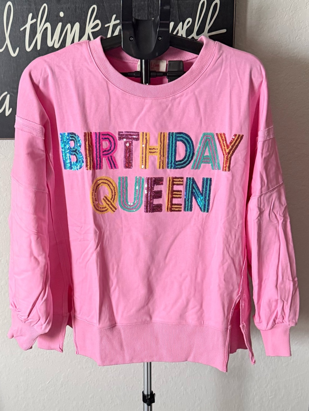 Peac Love Sequin Birthday Queen Pink Crewneck Top NWOT